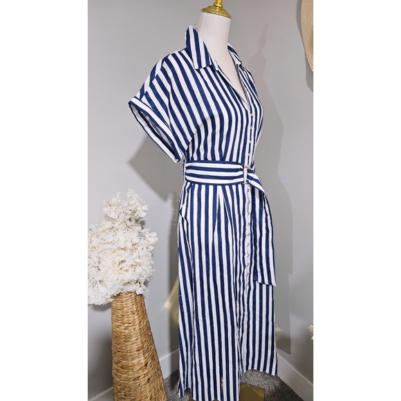Zara Navy White Striped Linen Blend  Belted Midi Dress - Picture 3 of 9